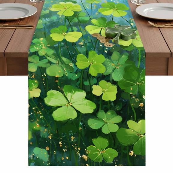 St. Patrick's Day Table Runner 13 x 36 Inch, Oil-Painting Spring Green Gold Lucky Shamrocks Gradient Blue Washable Cotton Linen Dining Table Runner Tabletop Decorations for Home Kitchen Party