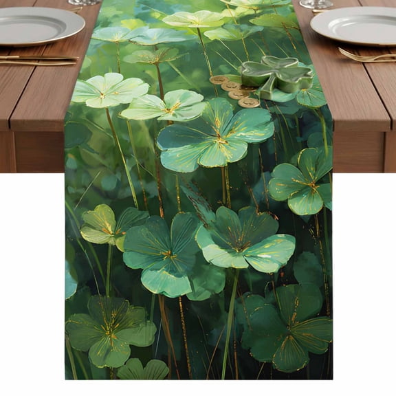 St. Patrick's Day Table Runner 13 x 36 Inch, Oil-Painting Spring Green Lucky Shamrocks Washable Cotton Linen Dining Table Runner Tabletop Decorations for Restaurant Home Kitchen Party