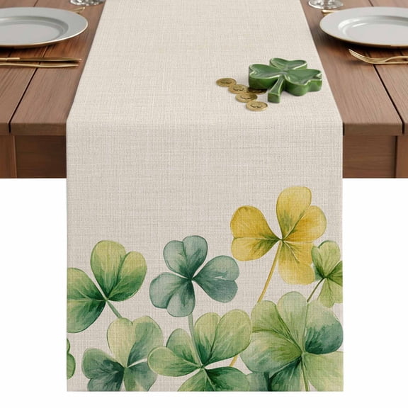 St Patrick's Day Table Runner 13 x 36 Inch, Rustic Lucky Shamrock Washable Cotton Linen Dining Table Runner Tabletop Decorations for Restaurant Home Kitchen Party