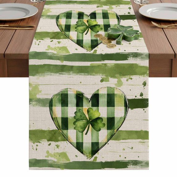 St. Patrick's Day Table Runner 13 x 36 Inch, Shamrock Love Heart Washable Cotton Linen Dining Table Runner Tabletop Decorations for Restaurant Home Kitchen Party