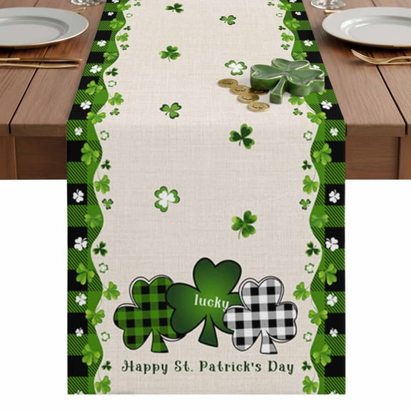 St.Patrick's Day Table Runner 13 x 36 Inch, Shamrocks Buffalo Plaid Green Washable Cotton Linen Dining Table Runner Tabletop Decorations for Restaurant Home Kitchen Party