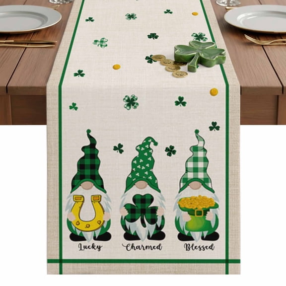 St.Patrick's Day Table Runner 13 x 36 Inch, Shamrocks Gnome Washable Cotton Linen Dining Table Runner Tabletop Decorations for Restaurant Home Kitchen Party