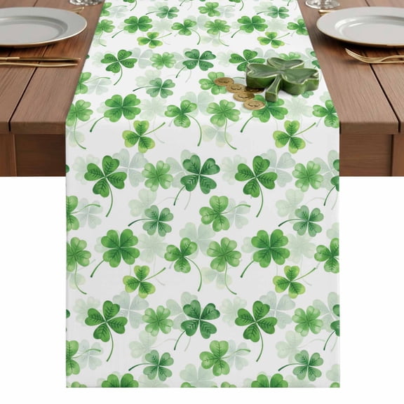 St. Patrick's Day Table Runner 13 x 36 Inch, Spring Watercolor Shamrocks Ombre Green Plant Washable Cotton Linen Dining Table Runner Tabletop Decorations for Restaurant Home Kitchen Party