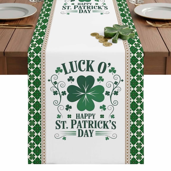 St. Patrick's Day Table Runner 13 x 36 Inch, Vintage Shamrocks Green Shamrock Plaid Washable Cotton Linen Dining Table Runner Tabletop Decorations for Restaurant Home Kitchen Party