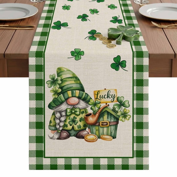 St. Patrick's Day Table Runner 13 x 36 Inch, Vintage Watercolor Green Gnome Lucky Shamrocks Plaid Washable Cotton Linen Dining Table Runner Tabletop Decorations for Restaurant Home Kitchen Party