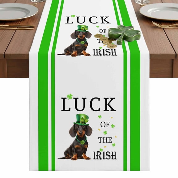 St. Patrick's Day Table Runner 13 x 36 Inch, Watercolor Cute Green Hat Dog Lucky Shamrocks Green Stripes Washable Cotton Linen Dining Table Runner Tabletop Decorations for Home Kitchen Party