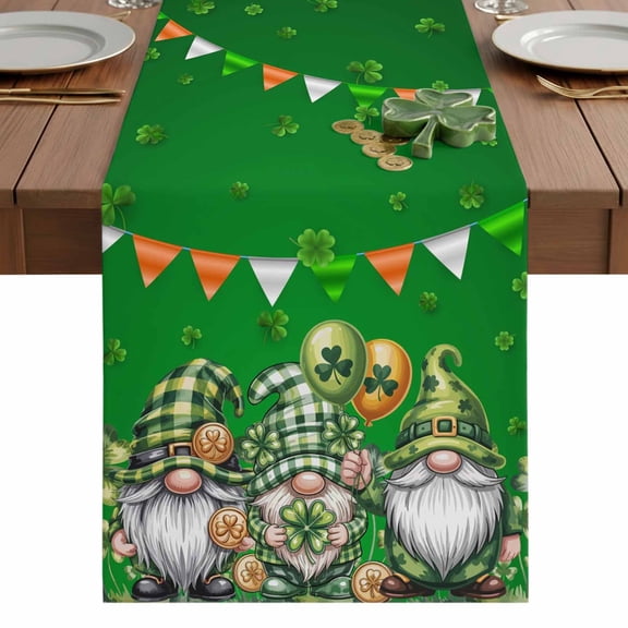 St. Patrick's Day Table Runner 13 x 36 Inch, Watercolor Gnome Shamrocks Flag Coin Green Washable Cotton Linen Dining Table Runner Tabletop Decorations for Restaurant Home Kitchen Party