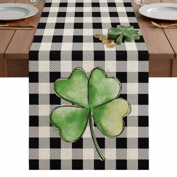 St. Patrick's Day Table Runner 13 x 36 Inch, Watercolor Green Lucky Shamrock Black Buffalo Plaid Washable Cotton Linen Dining Table Runner Tabletop Decorations for Restaurant Home Kitchen Party