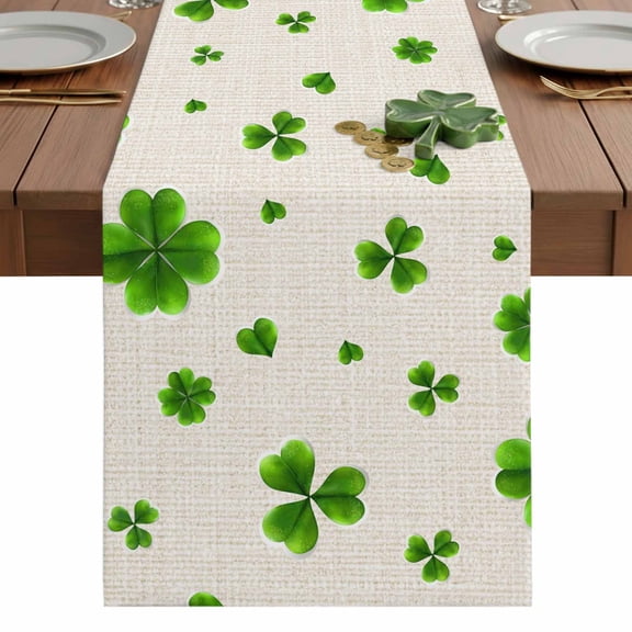 St. Patrick's Day Table Runner 13 x 36 Inch, Watercolor Green Lucky Shamrocks Plant Linen Texture Washable Cotton Linen Dining Table Runner Tabletop Decorations for Restaurant Home Kitchen Party