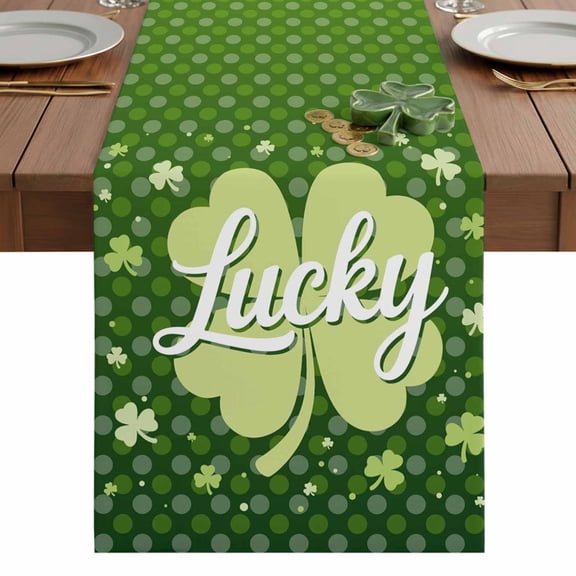 St. Patrick's Day Table Runner 13 x 36 Inch, Watercolor Lucky Shamrocks Ombre Green Dots Washable Cotton Linen Dining Table Runner Tabletop Decorations for Restaurant Home Kitchen Party