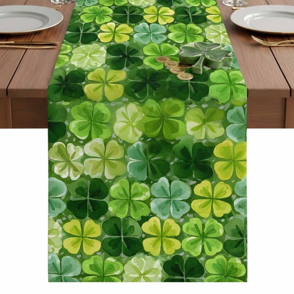 St. Patrick's Day Table Runner 13 x 36 Inch, Watercolor Spring Lucky Green Shamrocks Plant Green Washable Cotton Linen Dining Table Runner Tabletop Decorations for Restaurant Home Kitchen Party