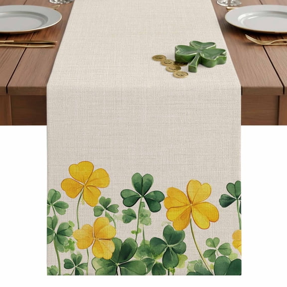 St. Patrick's Day Table Runner 13 x 36 Inch, Yellow Green Shamrock Washable Cotton Linen Dining Table Runner Tabletop Decorations for Restaurant Home Kitchen Party