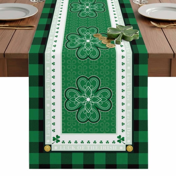 St. Patrick's Day Table Runner 13 x 48 Inch, Green Floral Lucky Shamrocks Plant Green Buffalo Plaid Washable Cotton Linen Dining Table Runner Tabletop Decorations for Restaurant Home Kitchen Party
