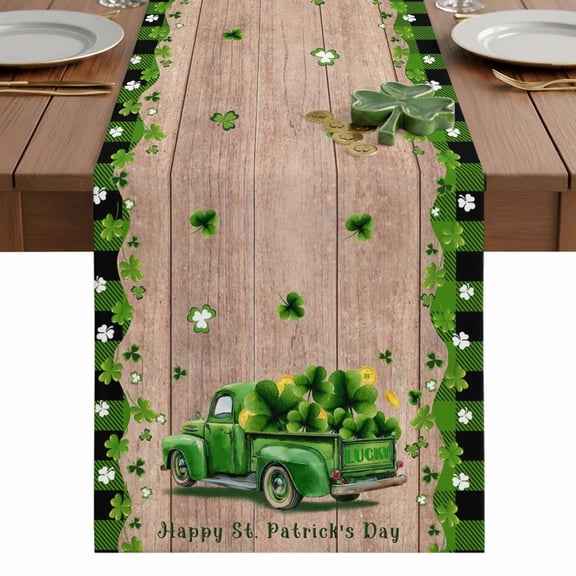 St. Patrick's Day Table Runner 13 x 48 Inch, Green Truck Lucky Shamrocks Coin Wood Grain Green Plaid Washable Cotton Linen Dining Table Runner Tabletop Decorations for Restaurant Home Kitchen Party