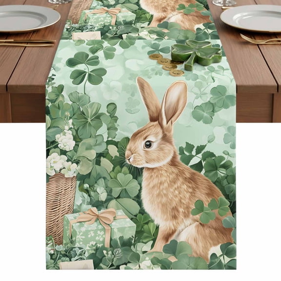 St. Patrick's Day Table Runner 13 x 48 Inch, Rabbit Basket Floral Washable Cotton Linen Dining Table Runner Tabletop Decorations for Restaurant Home Kitchen Party