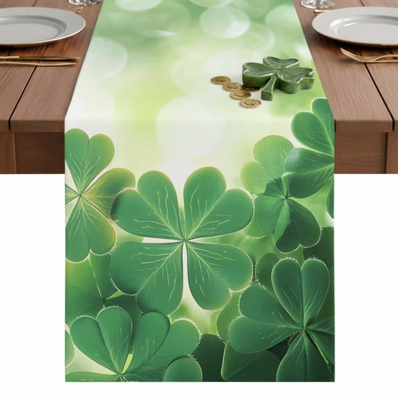St. Patrick's Day Table Runner 13 x 48 Inch, Shamrock Clovers Washable Cotton Linen Dining Table Runner Tabletop Decorations for Restaurant Home Kitchen Party