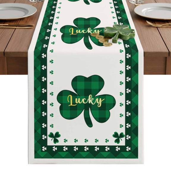 St.Patrick's Day Table Runner 13 x 48 Inch, Shamrocks Green Buffalo Plaid Washable Cotton Linen Dining Table Runner Tabletop Decorations for Restaurant Home Kitchen Party