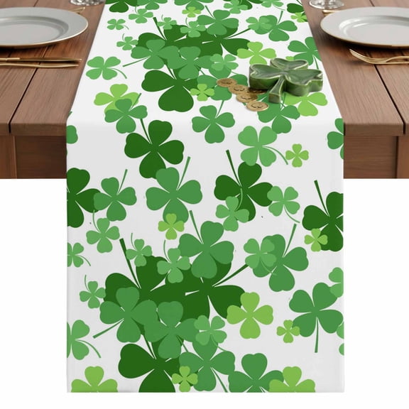 St. Patrick's Day Table Runner 13 x 48 Inch, Simple Spring Green Lucky Shamrocks Plant Washable Cotton Linen Dining Table Runner Tabletop Decorations for Restaurant Home Kitchen Party