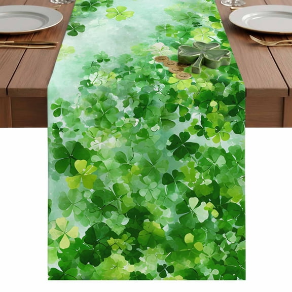 St. Patrick's Day Table Runner 13 x 48 Inch, Watercolor Gradient Spring Green Lucky Shamrocks Teal Washable Cotton Linen Dining Table Runner Tabletop Decorations for Restaurant Home Kitchen Party