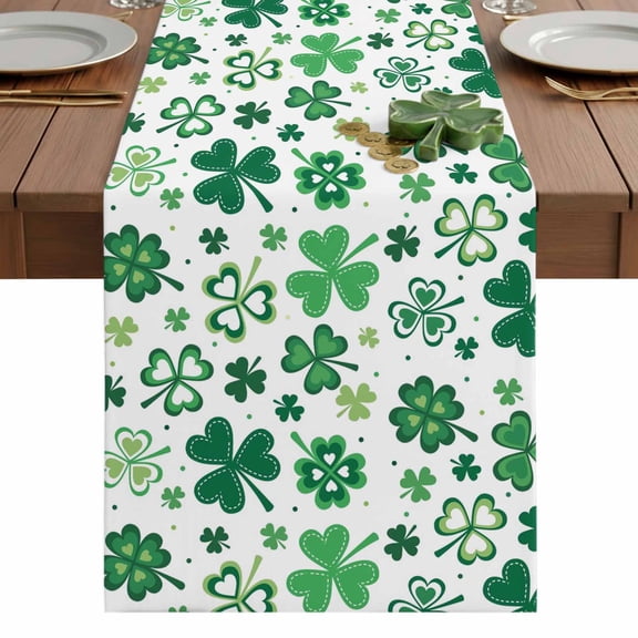 St. Patrick's Day Table Runner 13 x 48 Inch, Watercolor Green White Shamrocks Washable Cotton Linen Dining Table Runner Tabletop Decorations for Restaurant Home Kitchen Party