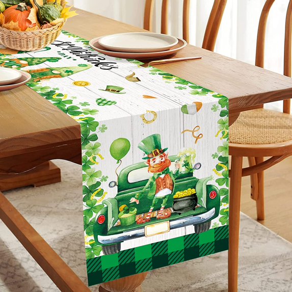 St Patrick''s Day Table Runner 13Wx71L Inch Lovely Green Gnomes Farm Truck Hat Leprechaun for Kitchen Dining Table Decoration Spring Dining Room Decorations Party Decor for Indoor Outdoor Home