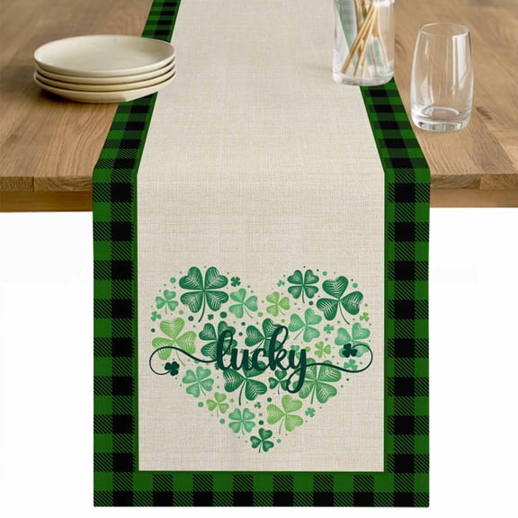 St Patrick's Day Table Runner - 36 Inch Long Dark Green Lucky Shamrocks Heart Shape Cotton and Linen Blended Dress Scarves Farmhouse Table Runner for Kitchen Dining, Coffee Table, 13" x 36"