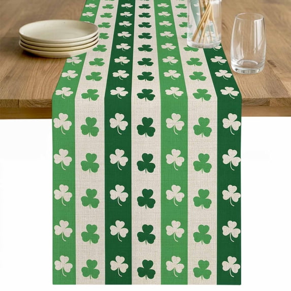St. Patrick's Day Table Runner - 36 Inch Long Green Shamrock Irish Lucky Leaves Cotton and Linen Blended Dress Scarves Farmhouse Table Runner for Kitchen Dining, Coffee Table, 13" x 36"