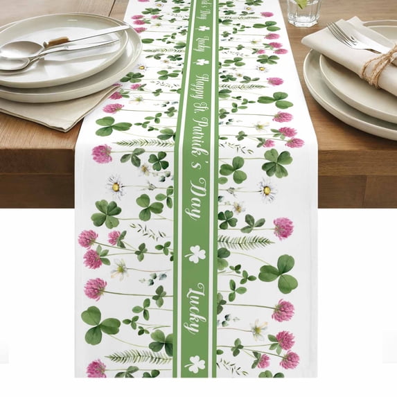 St. Patrick's Day Table Runner - 36 Inch Long, Kitchen Dining Table Runner Dresser Scarves, Green Lucky Shamrocks Floral Plants Farmhouse Decor for Coffee Tables Wedding Party Banquet
