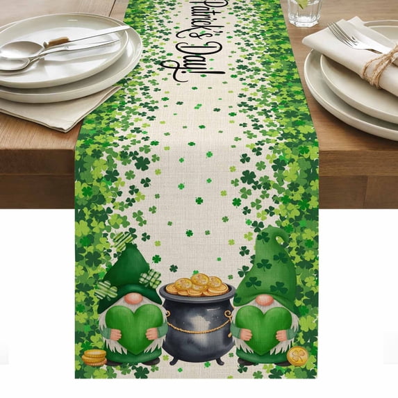 St. Patrick's Day Table Runner - 36 Inch Long, Kitchen Dining Table Runner Dresser Scarves, Spring Lucky Shamrocks Gnomes Vintage Farmhouse Decor for Coffee Tables Wedding Party Banquet