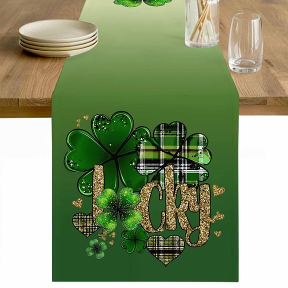 St. Patrick's Day Table Runner - 36 Inch Long Ombre Green Shamrock Gold Lucky Love Spring Cotton and Linen Blended Dress Scarves Farmhouse Table Runner for Kitchen Dining, Coffee Table, 13" x 36"