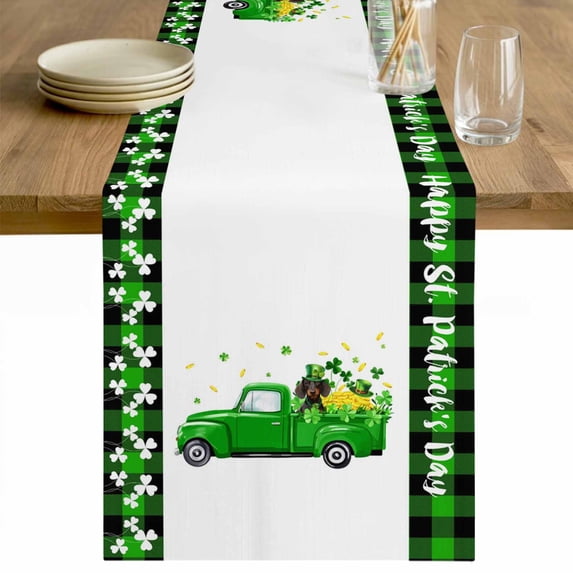 St. Patrick's Day Table Runner - 36 Inch Long Spring Lucky Dogs Green Grass Truck Plaid Cotton and Linen Blended Dress Scarves Farmhouse Table Runner for Kitchen Dining, Coffee Table, 13" x 36"