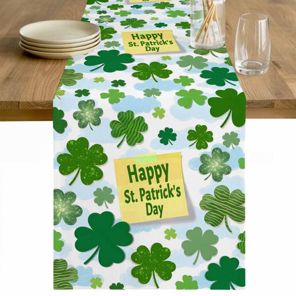 St. Patrick's Day Table Runner - 36 Inch Long Spring Lucky Green Shamrock Cloud Blue Cotton and Linen Blended Dress Scarves Farmhouse Table Runner for Kitchen Dining, Coffee Table, 13" x 36"