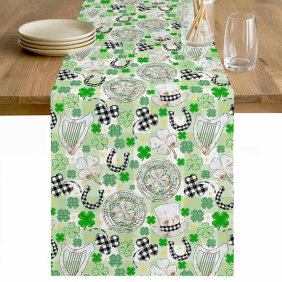 St. Patrick's Day Table Runner 36 Inches Long Farmhouse Dress Scarves, Green Black Plaid Lucky Clovers Check Dining Tablerunner for Coffee Table/Kitchen Island/Party Décor, Small 13" x 36"