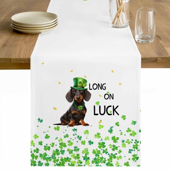 St. Patrick's Day Table Runner 36 Inches Long Farmhouse Dress Scarves, Spring Lucky Dogs Threeleaf Grasses Dining Tablerunner for Coffee Table/Kitchen Island/Party Décor, Small 13" x 36"