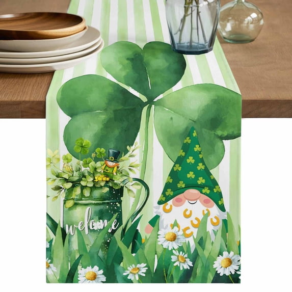 St Patrick's Day Table Runner 36 Inches, Watercolor Gnomes Shamrock Daisy Green Stripes Bed Runner Dresser Scarves Tabletop for Indoor Outdoor Parties/Ceremony/Banquet, 13"x 36"