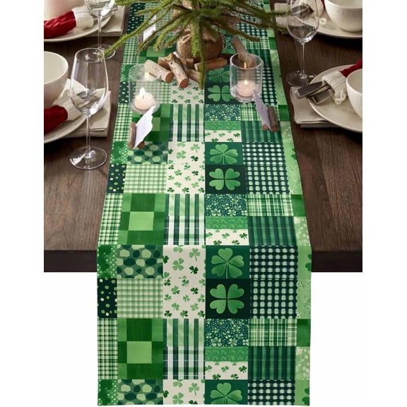 St. Patrick''s Day Table Runner 36" Long Vintage Green Plant Pastoral Plaid Coffee Table Runners for Kitchen/Dining Splice Style Runners for Party Home Decor Dresser Scarves Tabletop Decor 13x36in