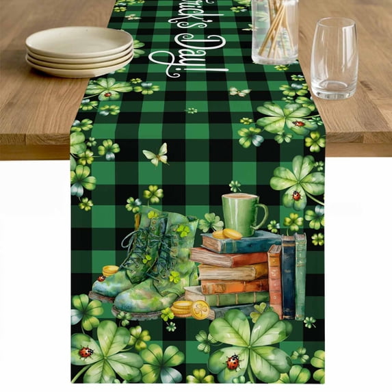 St. Patrick's Day Table Runner - 48 Inch Long Shamrocks Green Boots Bools Farm Plaid Cotton and Linen Blended Dress Scarves Farmhouse Table Runner for Kitchen Dining, Coffee Table, 13" x 48"