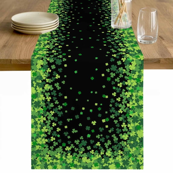 St. Patrick's Day Table Runner - 48 Inch Long Spring Lucky Shamrocks Leaves Black Cotton and Linen Blended Dress Scarves Farmhouse Table Runner for Kitchen Dining, Coffee Table, 13" x 48"