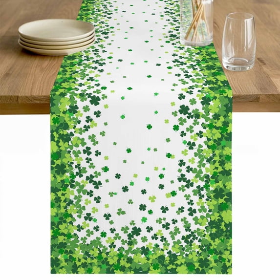 St. Patrick's Day Table Runner - 48 Inch Long Spring Lucky Shamrocks Rustic Leaves Cotton and Linen Blended Dress Scarves Farmhouse Table Runner for Kitchen Dining, Coffee Table, 13" x 48"