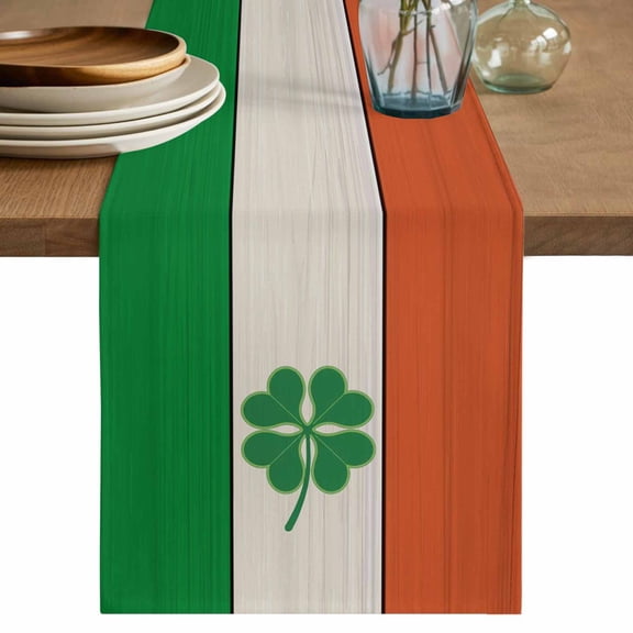 St. Patrick's Day Table Runner 48 Inches, Irish Green Shamrock Flag Wood Grain Bed Runner Dresser Scarves Tabletop for Indoor Outdoor Parties/Ceremony/Banquet, 13" x 48"