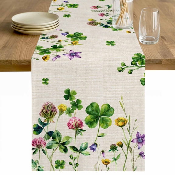 St. Patrick's Day Table Runner 48 Inches Long Farmhouse Dress Scarves, Colorful Shamrocks Floral Botanical Beige Dining Tablerunner for Coffee Table/Kitchen Island/Party Décor, 13" x 48"