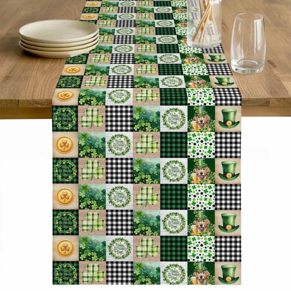 St. Patrick's Day Table Runner 48 Inches Long Farmhouse Dress Scarves, Green Hat Dog Lucky Shamrocks Black Check Dining Tablerunner for Coffee Table/Kitchen Island/Party Décor, 13" x 48"