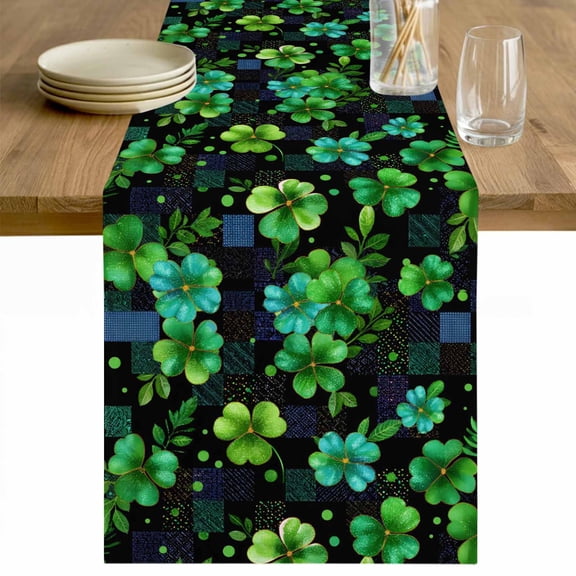 St. Patrick's Day Table Runner 48 Inches Long Farmhouse Dress Scarves, Green Lucky Clovers Shamrock Plaid Dining Tablerunner for Coffee Table/Kitchen Island/Party Décor, 13" x 48"
