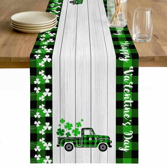 St. Patrick's Day Table Runner 48 Inches Long Farmhouse Dress Scarves, Shamrock Grass Truck Gray Wood Green Plaid Dining Tablerunner for Coffee Table/Kitchen Island/Party Décor, 13" x 48"