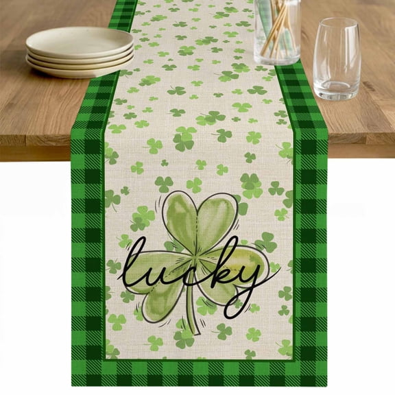 St. Patrick's Day Table Runner 48 Inches Long Farmhouse Dress Scarves, Spring Lucky Shamrock Retro Green Plaid Dining Tablerunner for Coffee Table/Kitchen Island/Party Décor, 13" x 48"