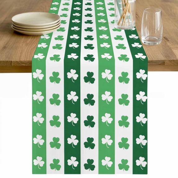 St. Patrick's Day Table Runner - 60 Inch Long Green Irish Lucky Clovers Stripes Cotton and Linen Blended Dress Scarves Farmhouse Table Runner for Kitchen Dining, Coffee Table, 13" x 60"