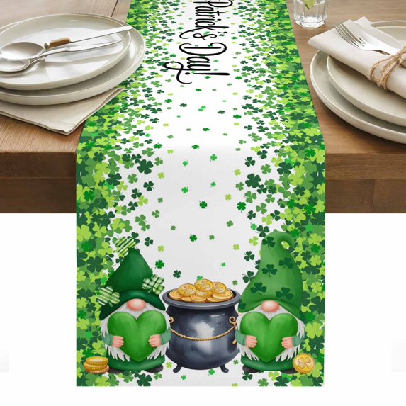 St. Patrick's Day Table Runner - 60 Inch Long, Kitchen Dining Table Runner Dresser Scarves, Green Gnomes Spring Lucky Shamrocks Farmhouse Decor for Coffee Tables Wedding Party Banquet