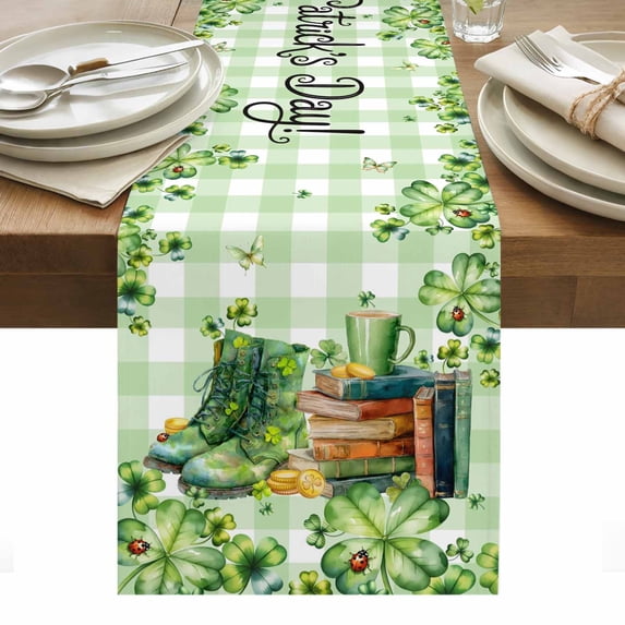St. Patrick's Day Table Runner - 60 Inch Long, Kitchen Dining Table Runner Dresser Scarves, Lucky Shamrocks Boots Green Buffalo Plaid Farmhouse Decor for Coffee Tables Wedding Party Banquet