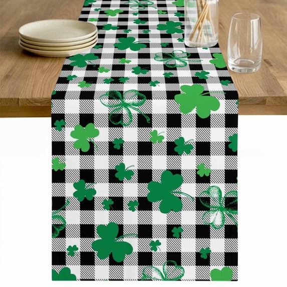St. Patrick's Day Table Runner - 60 Inch Long Spring Green Shamrock Checkered Buffalo Cotton and Linen Blended Dress Scarves Farmhouse Table Runner for Kitchen Dining, Coffee Table, 13" x 60"