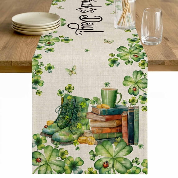 St. Patrick's Day Table Runner - 70 Inch Long Lucky Shamrocks Boots Green Leaves Retro Cotton and Linen Blended Dress Scarves Farmhouse Table Runner for Kitchen Dining, Coffee Table, 13" x 70"